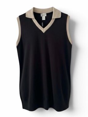 Como Sport Black with Tan Trim Sleeveless V-Neck Knit Polo Top Size Small
